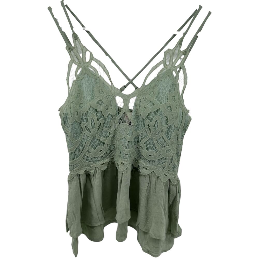 Entro Cami Peplum Blouse Floral Lace Tiered Smocked Chiffon Boho Y2K Green M - Picture 2 of 6